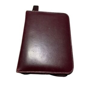 Vintage Burgundy Leather Zippered Planner Binder With Gold-Tone Rings & Address